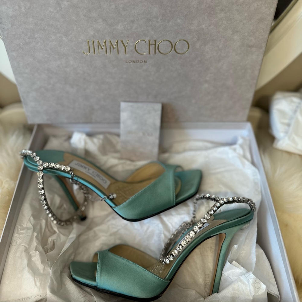 Jimmy Choo Saeda 100 Teal Green Satin Crystal Anklet Pump